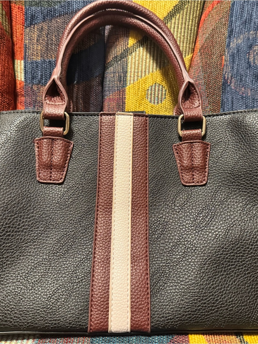 Vintage Bebe Classic Black Leather Bag with Brown and Cream Stripe